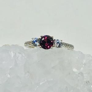 Rhodolite Garnet 3 Stone & Swarovski CZ Ring